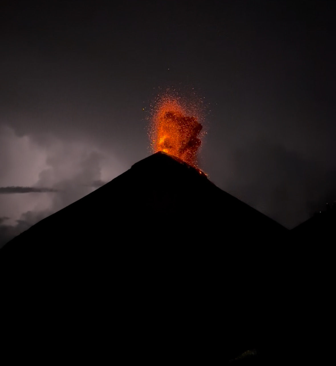 Fuego erupting at night